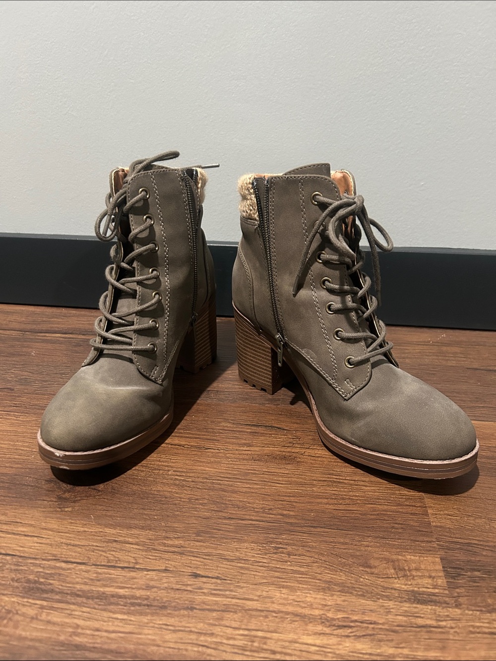 Falls Creek Olive Lace-Up Block Heel Ankle Boots